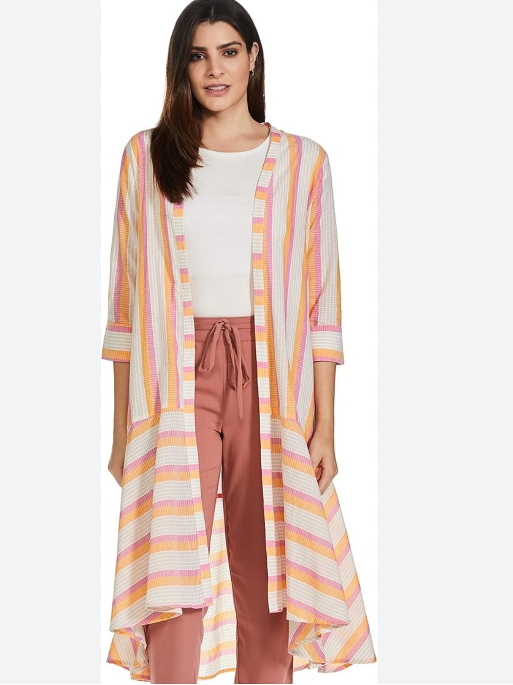 AND Striped Cotton Duster Lightweight Small Beach Boho Layers Pink Orange Flowy